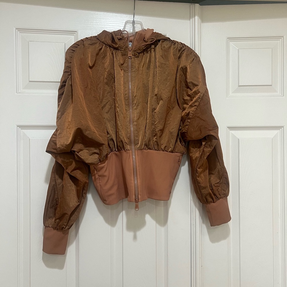 RARE Free People Bomber Jacket Hooded Drawcord Crop Metallic Brown XS NWNT